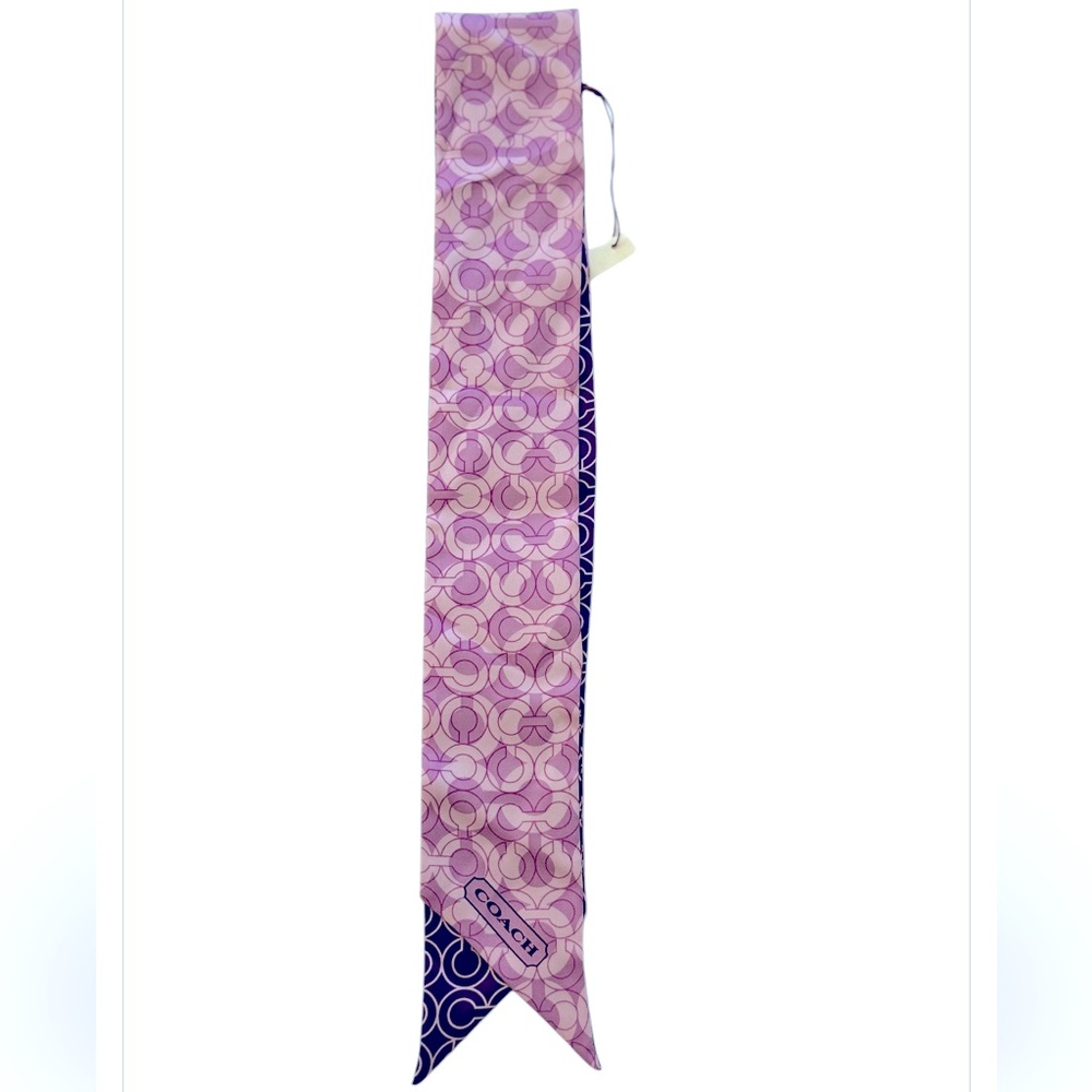 COACH Signature Logo Print Silk Skinny Scarf Light Violet Purple Pink